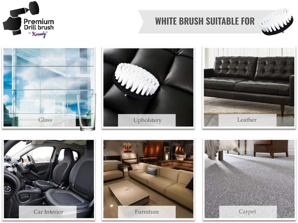 Kornely Premium Drill Brush Professional – Extra-Soft 13 cm White | Scratch-Free Cleaning Brush for Carpet, Upholstery, Leather Seats, Glass, Furniture and Car Interior