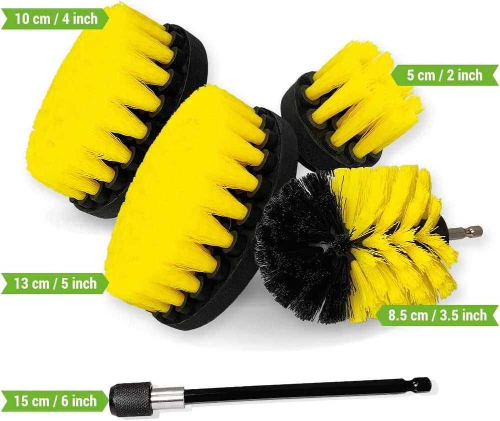 Kornely Premium Drill Brush Professional – Medium-Soft 5-Piece Kit (13/10 / 8.5/5 cm Brushes + 15 cm Extension) | Scratch-Free Cleaning Brush for Tile, Grout, Bath, Shower, Fibreglass, Ceramic