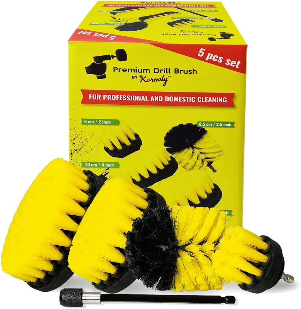 Kornely Premium Drill Brush Professional – Medium-Soft 5-Piece Kit (13/10 / 8.5/5 cm Brushes + 15 cm Extension) | Scratch-Free Cleaning Brush for Tile, Grout, Bath, Shower, Fibreglass, Ceramic