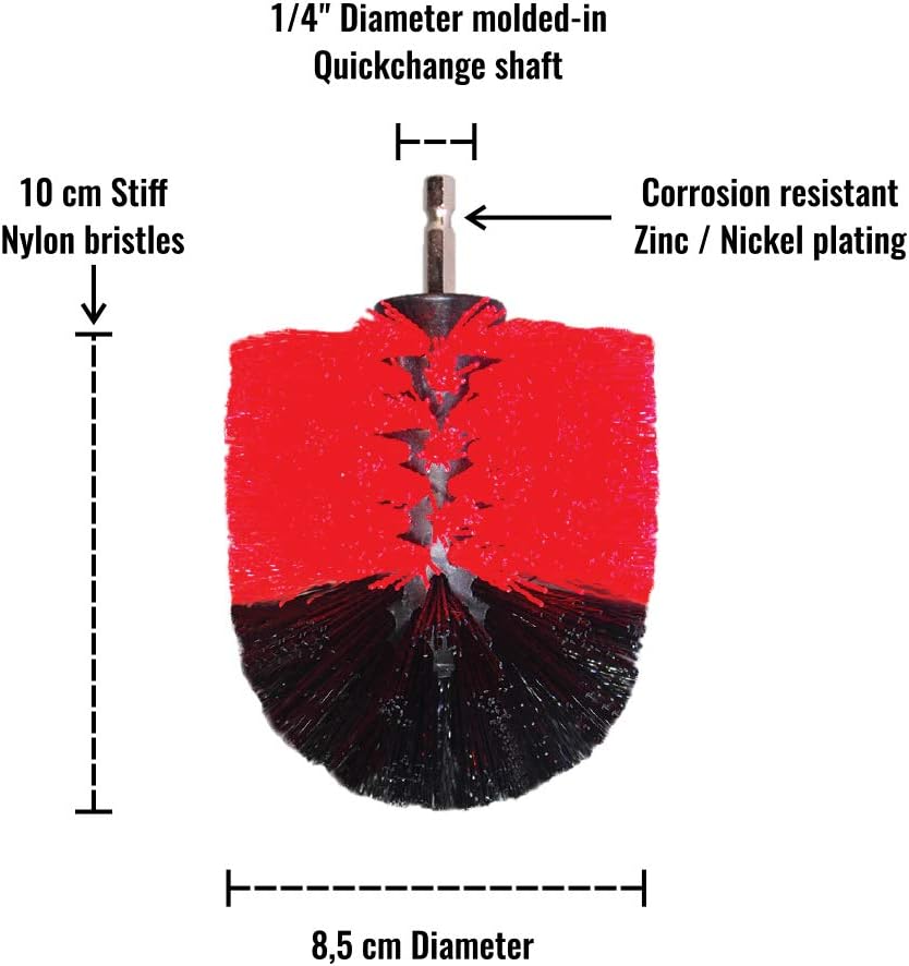 Kornely Premium Drill Brush Professional – Stiff 8.5 cm Red | Scratch-Free Outdoor Cleaning Brush for Patio Bricks, Decking, Garden Tools, Lawn Mowers, Bicycles, Car Wheels, Pool Tiles and Boat Hulls