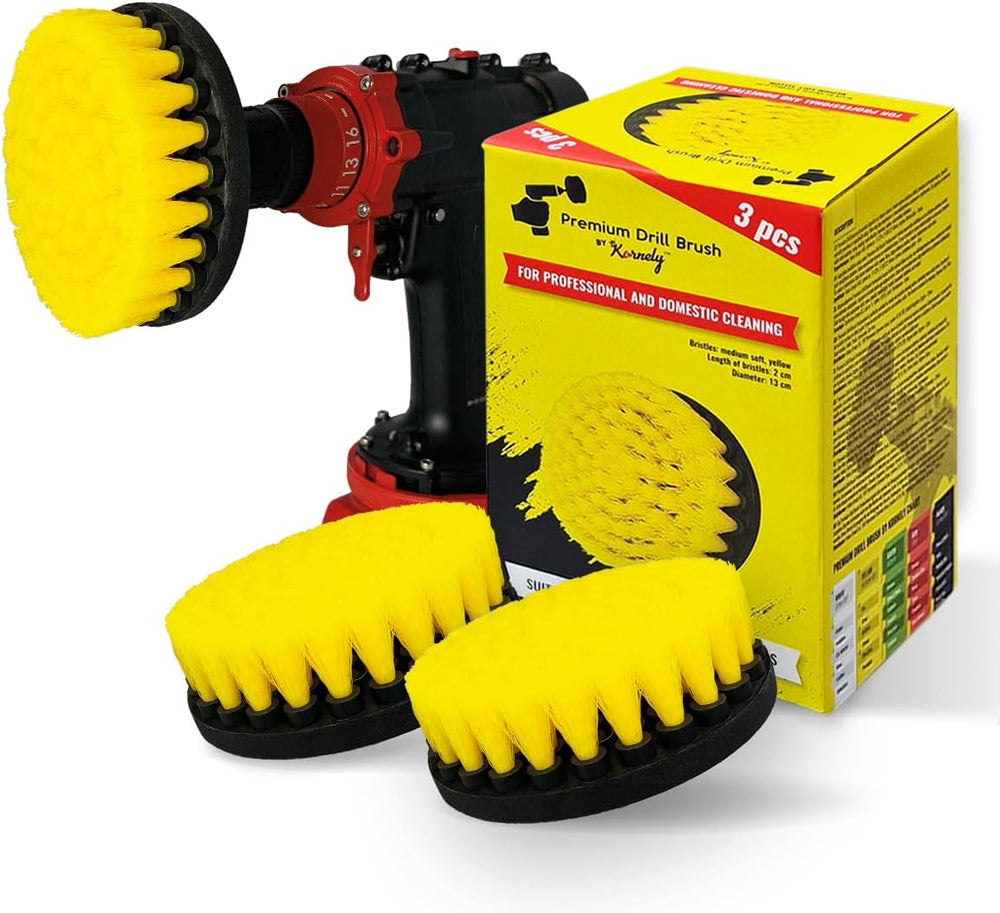 Kornely Premium Drill Brush Professional – Medium-Soft 13 cm Yellow Set of 3 | Scratch-Free Cleaning Brush for Tile, Grout, Bathtub, Shower, Fibreglass and Ceramic Surfaces