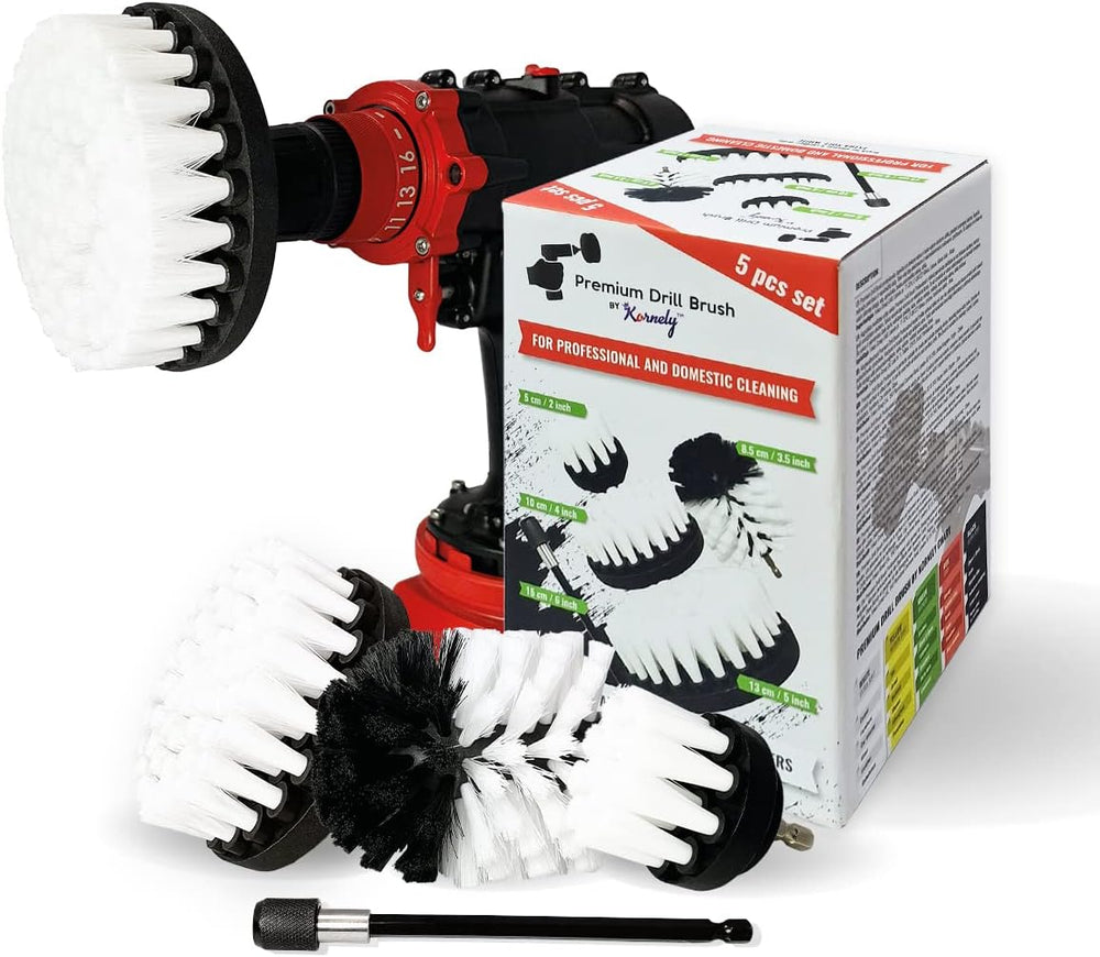 Kornely Premium Drill Brush Professional – Extra-Soft 5-Piece Set (13/10/ 8.5/ 5cm Brushes+ 15cm Extension) | Scratch-Free Cleaning Brush for Carpet, Upholstery, Leather, Glass and Interior Detail