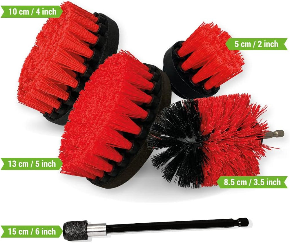 Kornely Premium Drill Brush Professional – Ultra-Stiff 5-Piece Kit (13/10 / 8.5/5 cm Brushes + 15 cm Extension) | Heavy-Duty Cleaning Brush for Concrete, Masonry, Grills, Wheels, Pool and Rust