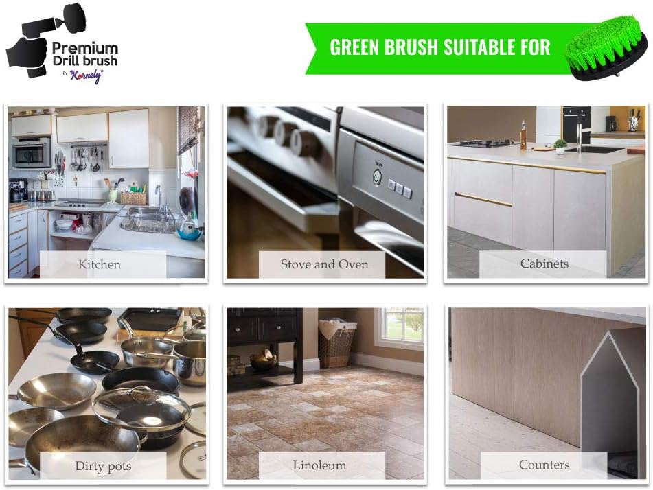 Kornely Premium Drill Brush Professional – Medium-Stiff 5-Piece Kit (13/10 / 8.5/5 cm Brushes + 15 cm Extension) | Scratch-Free Kitchen Cleaning Brush for Ovens, Hobs, Floor Tiles and Linoleum