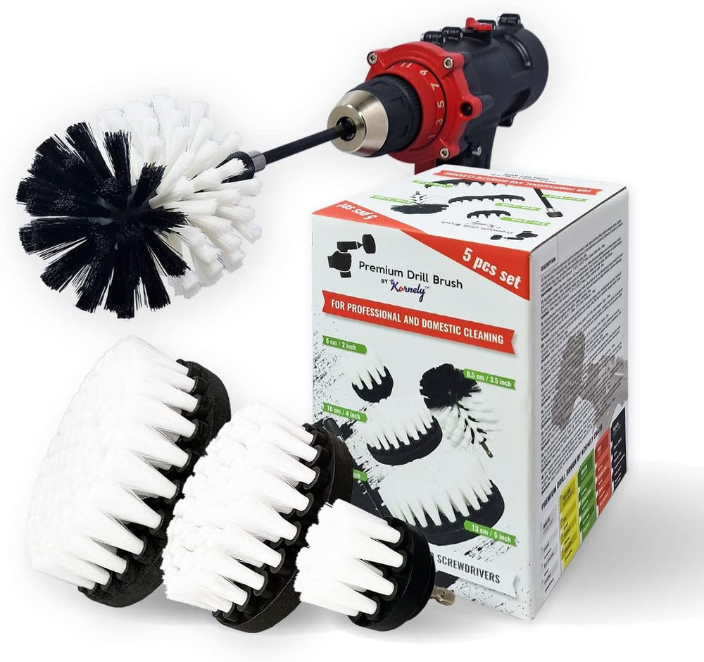Kornely Premium Drill Brush Professional – Extra-Soft 5-Piece Set (13/10/ 8.5/ 5cm Brushes+ 15cm Extension) | Scratch-Free Cleaning Brush for Carpet, Upholstery, Leather, Glass and Interior Detail