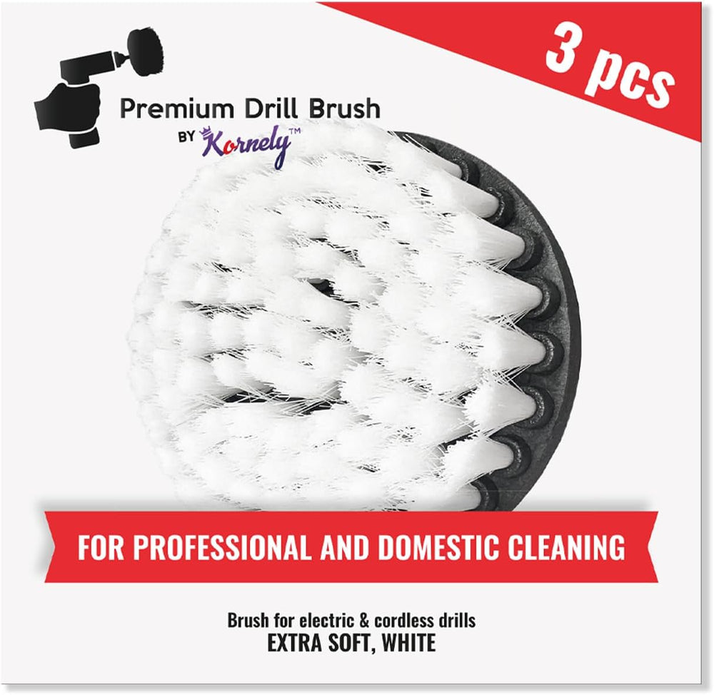Kornely Premium Drill Brush Professional – Extra-Soft 13 cm White 3-Piece Set | Scratch-Free Cleaning Brush for Carpet, Upholstery, Leather Seats, Glass, Furniture and Car Interior