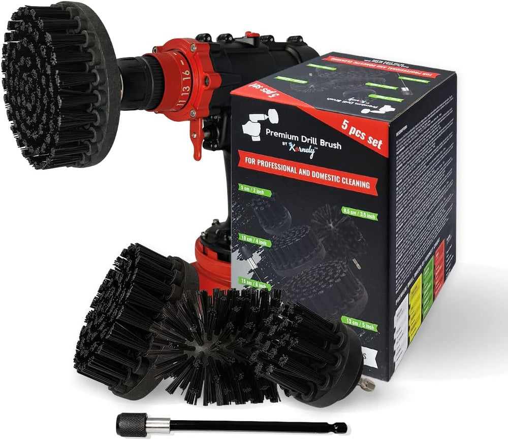 Kornely Premium Drill Brush Professional – Ultra-Stiff Black 5-Piece Set | Scratch-Free Heavy-Duty Cleaning Brushes for Concrete, Brick, Stone, Metal, Garage, BBQ Grills, Rust and Construction Tools