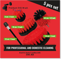 Kornely Premium Drill Brush Professional – Ultra-Stiff 5-Piece Kit (13/10 / 8.5/5 cm Brushes + 15 cm Extension) | Heavy-Duty Cleaning Brush for Concrete, Masonry, Grills, Wheels, Pool and Rust