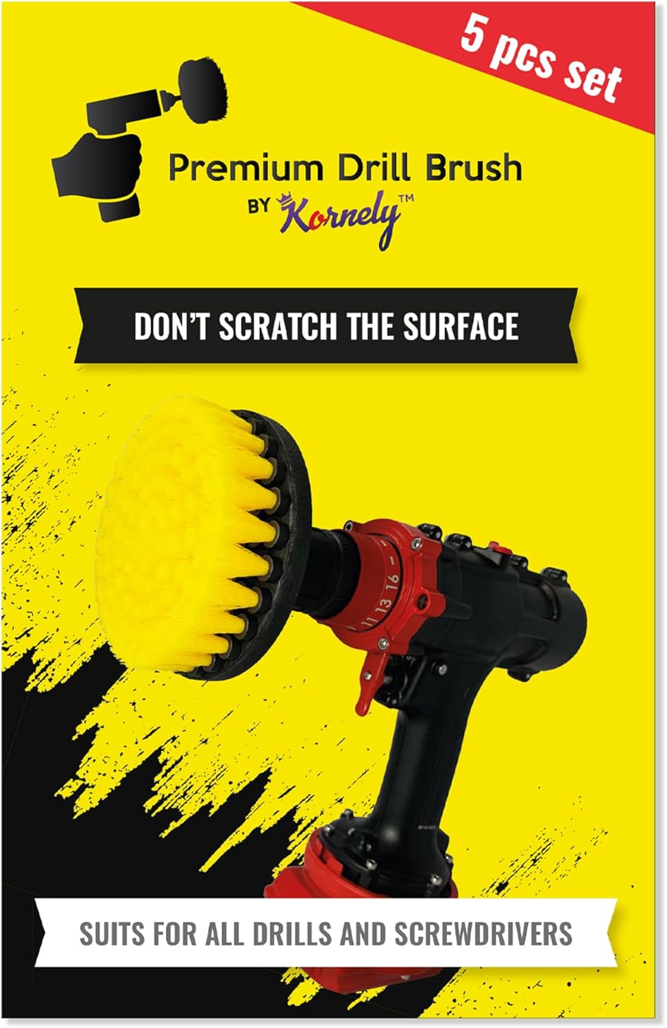 Kornely Premium Drill Brush Professional – Medium-Soft 5-Piece Kit (13/10 / 8.5/5 cm Brushes + 15 cm Extension) | Scratch-Free Cleaning Brush for Tile, Grout, Bath, Shower, Fibreglass, Ceramic