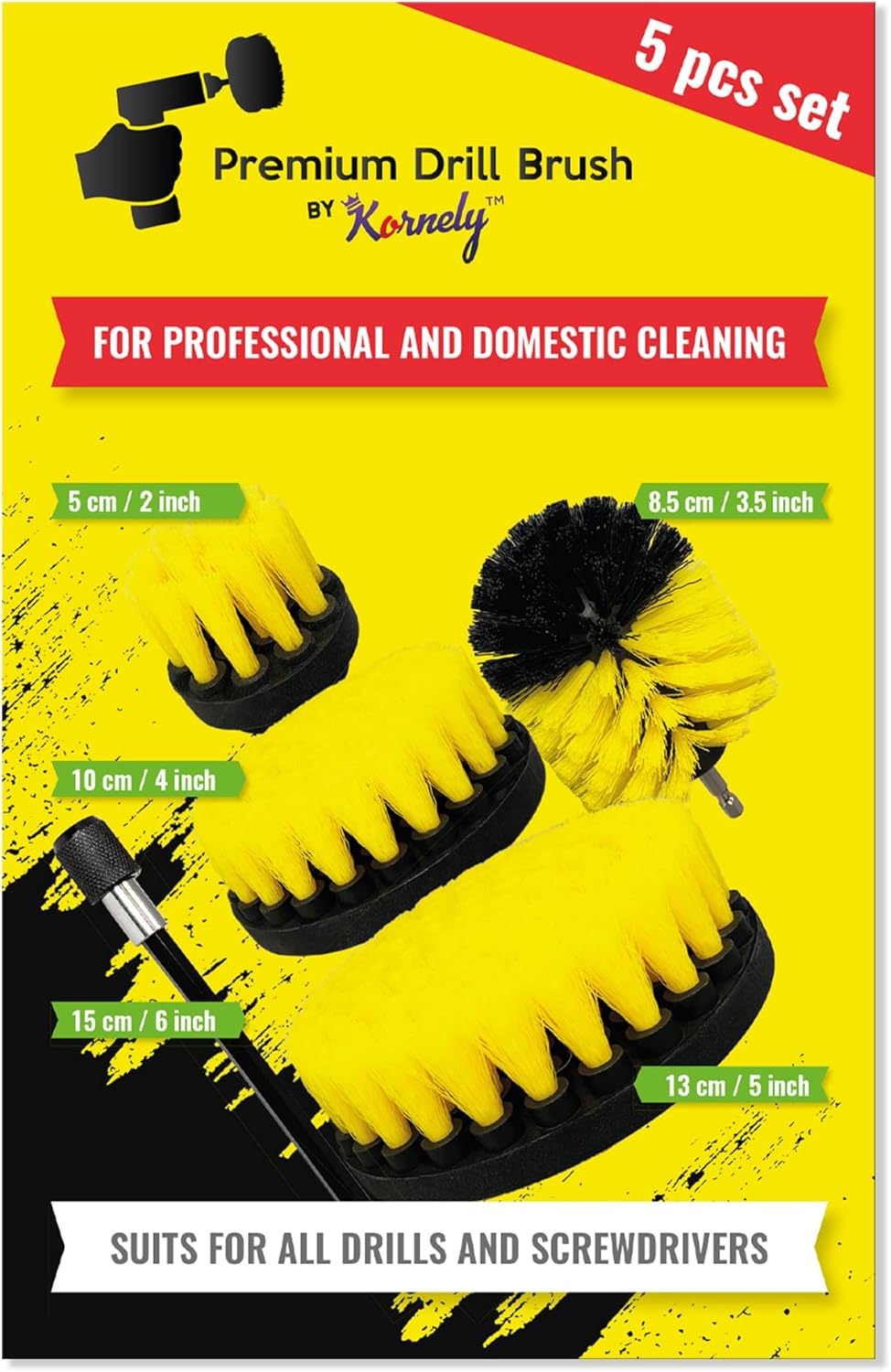 Kornely Premium Drill Brush Professional – Medium-Soft 5-Piece Kit (13/10 / 8.5/5 cm Brushes + 15 cm Extension) | Scratch-Free Cleaning Brush for Tile, Grout, Bath, Shower, Fibreglass, Ceramic