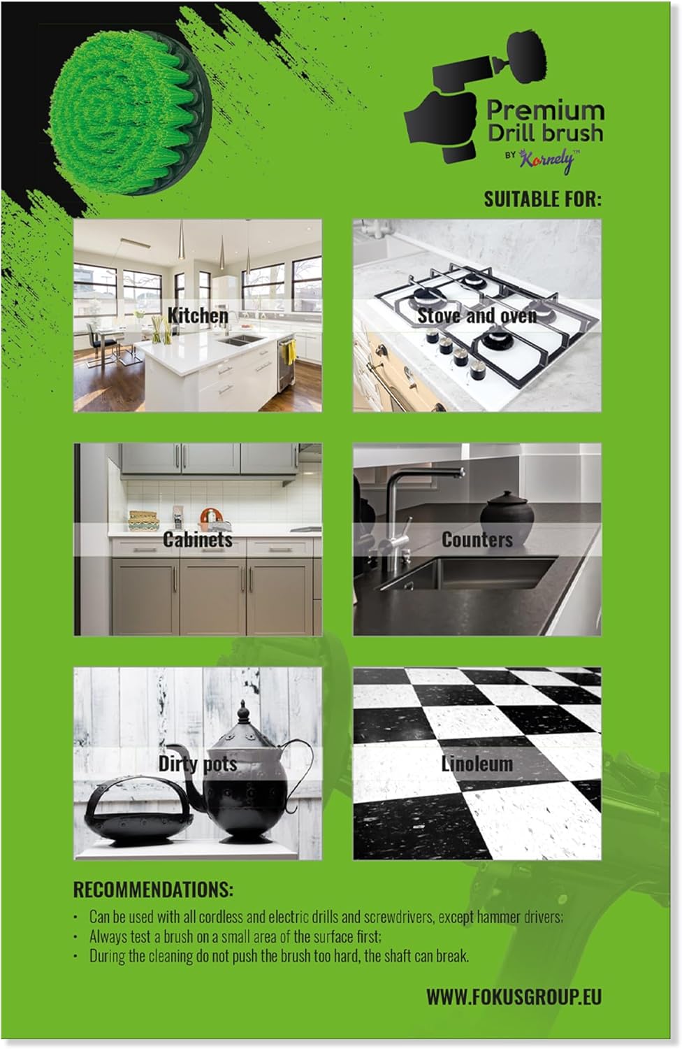 Kornely Premium Drill Brush Professional – Medium-Stiff 5-Piece Kit (13/10 / 8.5/5 cm Brushes + 15 cm Extension) | Scratch-Free Kitchen Cleaning Brush for Ovens, Hobs, Floor Tiles and Linoleum