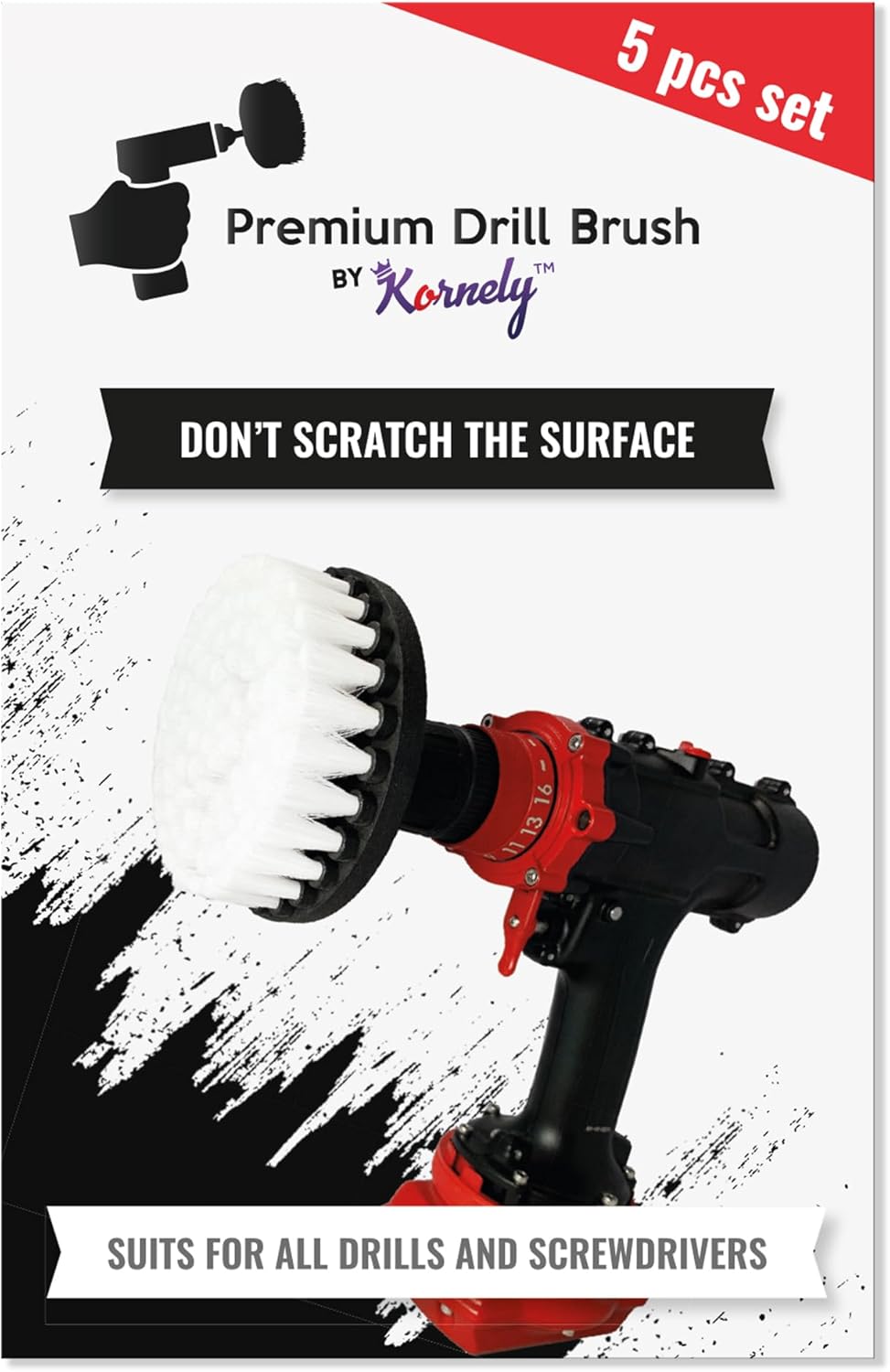 Kornely Premium Drill Brush Professional – Extra-Soft 5-Piece Set (13/10/ 8.5/ 5cm Brushes+ 15cm Extension) | Scratch-Free Cleaning Brush for Carpet, Upholstery, Leather, Glass and Interior Detail
