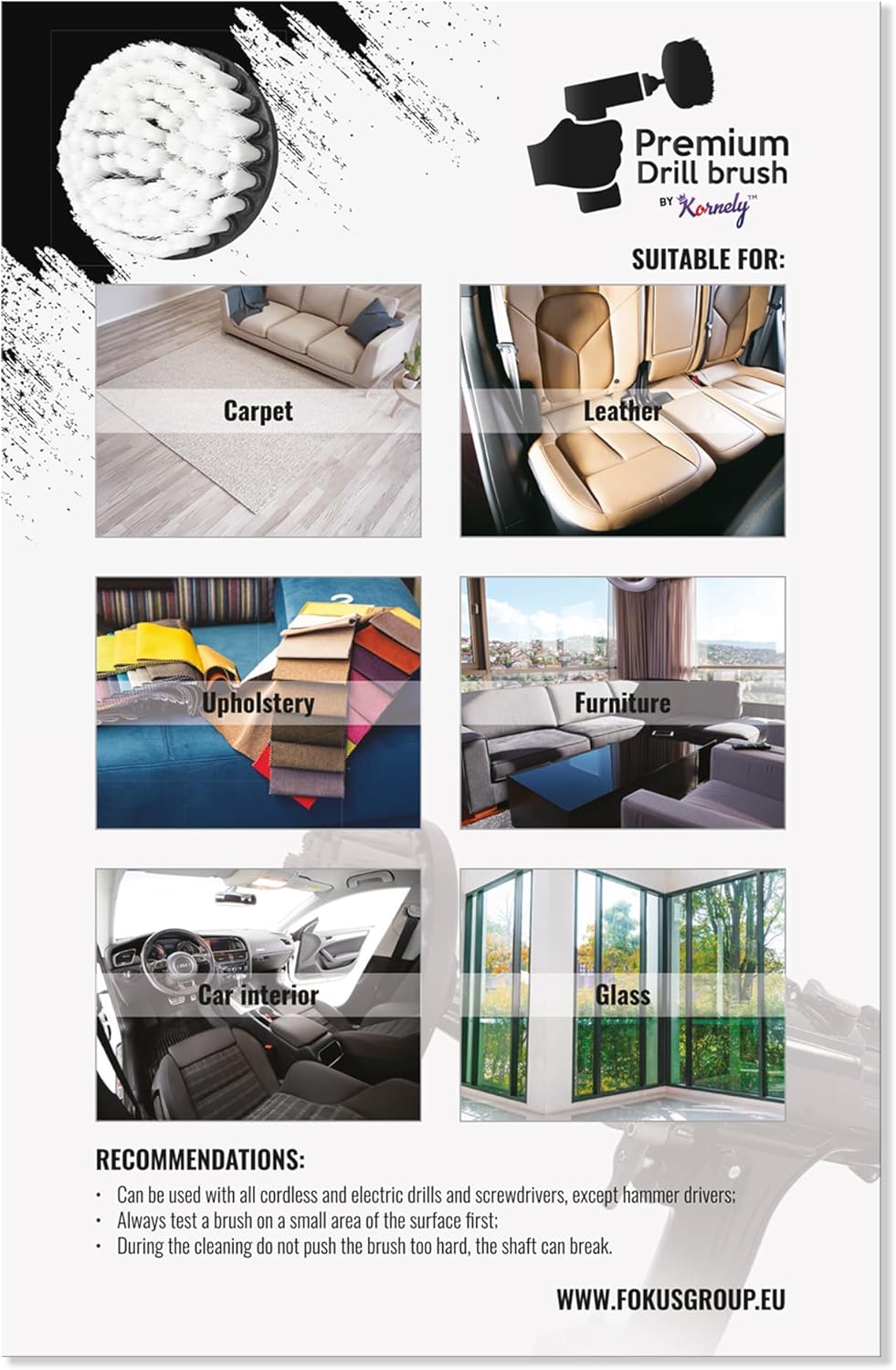 Kornely Premium Drill Brush Professional – Extra-Soft 13 cm White 3-Piece Set | Scratch-Free Cleaning Brush for Carpet, Upholstery, Leather Seats, Glass, Furniture and Car Interior