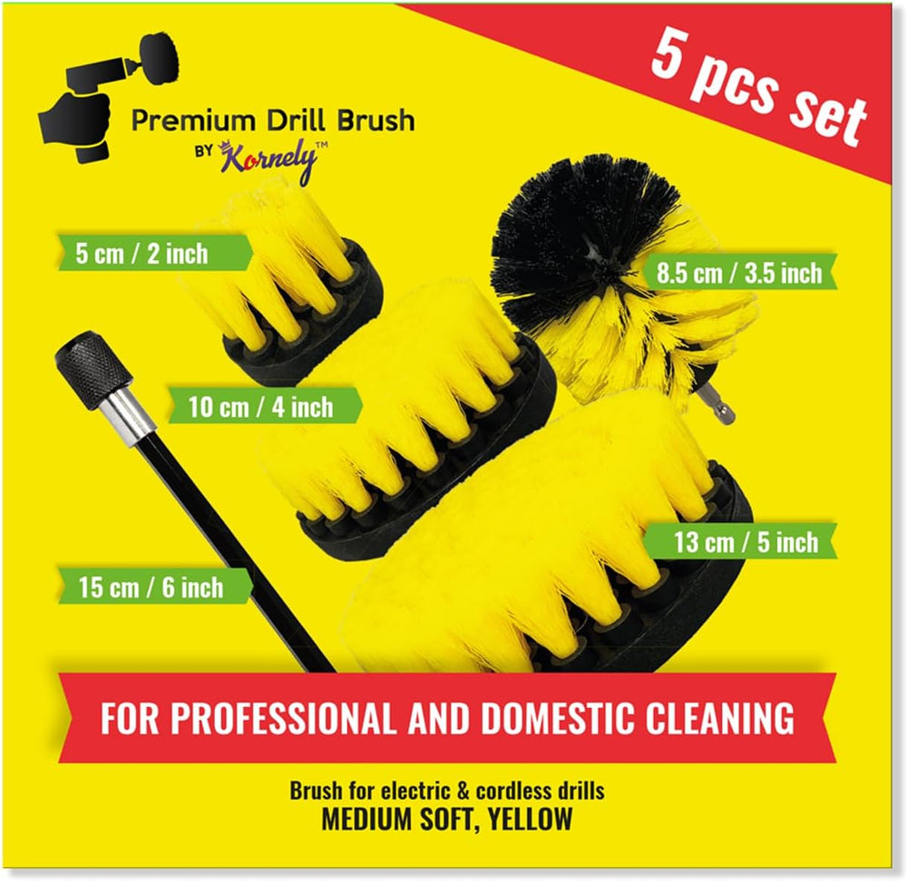 Kornely Premium Drill Brush Professional – Medium-Soft 5-Piece Kit (13/10 / 8.5/5 cm Brushes + 15 cm Extension) | Scratch-Free Cleaning Brush for Tile, Grout, Bath, Shower, Fibreglass, Ceramic