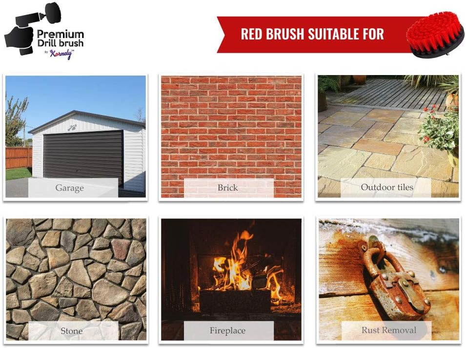 Kornely Premium Drill Brush Professional – Ultra-Stiff 5-Piece Kit (13/10 / 8.5/5 cm Brushes + 15 cm Extension) | Heavy-Duty Cleaning Brush for Concrete, Masonry, Grills, Wheels, Pool and Rust