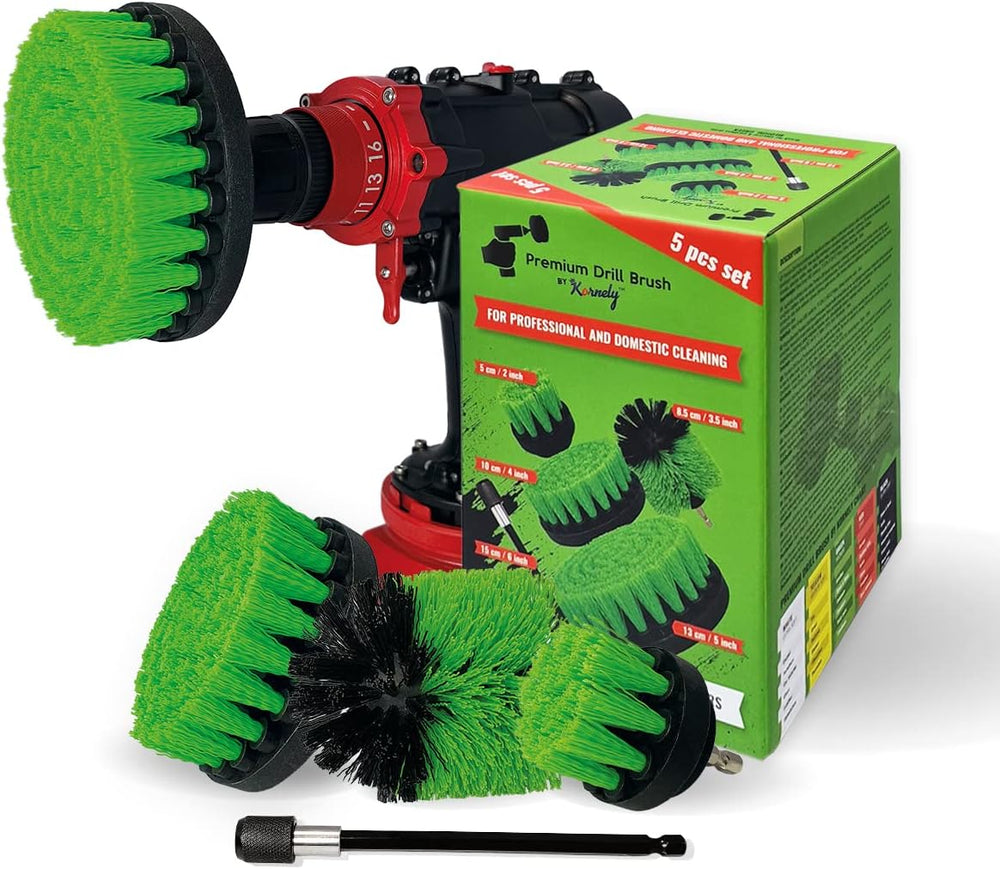 Kornely Premium Drill Brush Professional – Medium-Stiff 5-Piece Kit (13/10 / 8.5/5 cm Brushes + 15 cm Extension) | Scratch-Free Kitchen Cleaning Brush for Ovens, Hobs, Floor Tiles and Linoleum