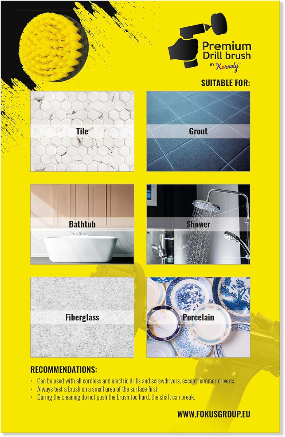 Kornely Premium Drill Brush Professional – Medium-Soft 5-Piece Kit (13/10 / 8.5/5 cm Brushes + 15 cm Extension) | Scratch-Free Cleaning Brush for Tile, Grout, Bath, Shower, Fibreglass, Ceramic