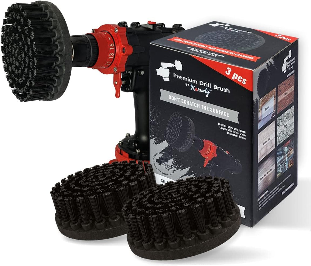 Kornely Premium Drill Brush Professional – Ultra-Stiff 13 cm Black Set of 3 | Scratch-Free Heavy-Duty Cleaning Brush for Concrete, Brick, Stone, Metal, Garage, BBQ Grills, Rust and Construction Tools