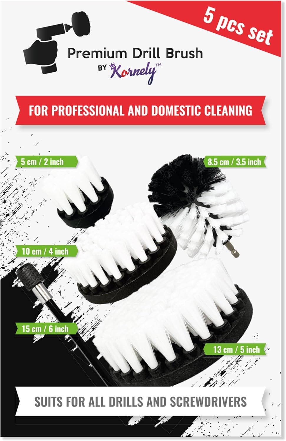 Kornely Premium Drill Brush Professional – Extra-Soft 5-Piece Set (13/10/ 8.5/ 5cm Brushes+ 15cm Extension) | Scratch-Free Cleaning Brush for Carpet, Upholstery, Leather, Glass and Interior Detail