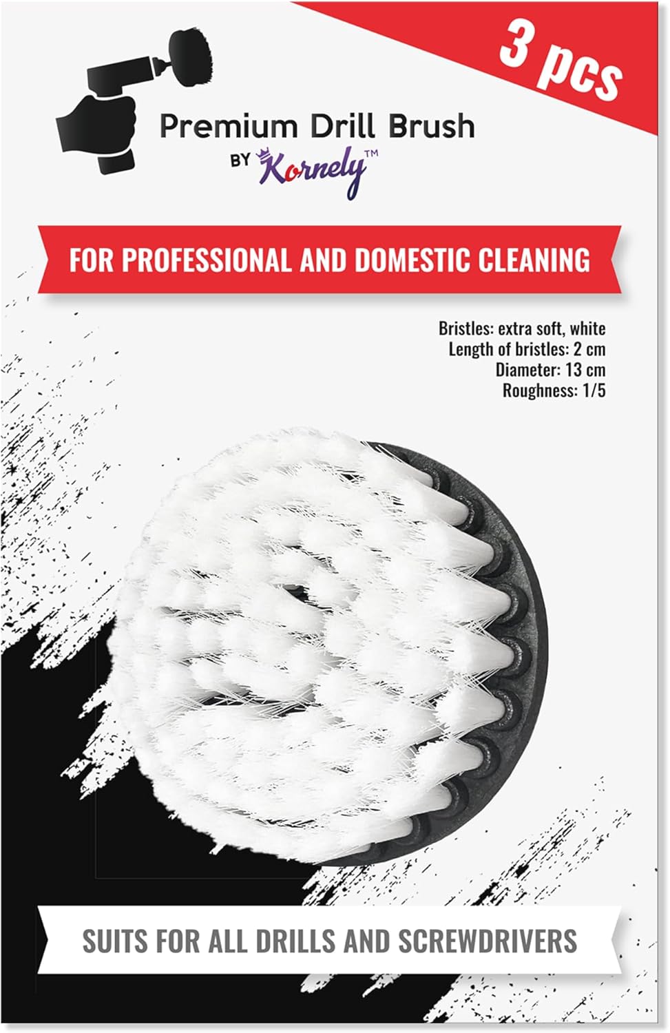 Kornely Premium Drill Brush Professional – Extra-Soft 13 cm White 3-Piece Set | Scratch-Free Cleaning Brush for Carpet, Upholstery, Leather Seats, Glass, Furniture and Car Interior