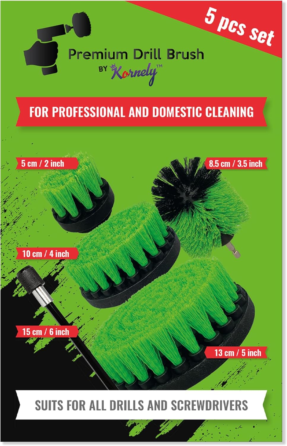 Kornely Premium Drill Brush Professional – Medium-Stiff 5-Piece Kit (13/10 / 8.5/5 cm Brushes + 15 cm Extension) | Scratch-Free Kitchen Cleaning Brush for Ovens, Hobs, Floor Tiles and Linoleum