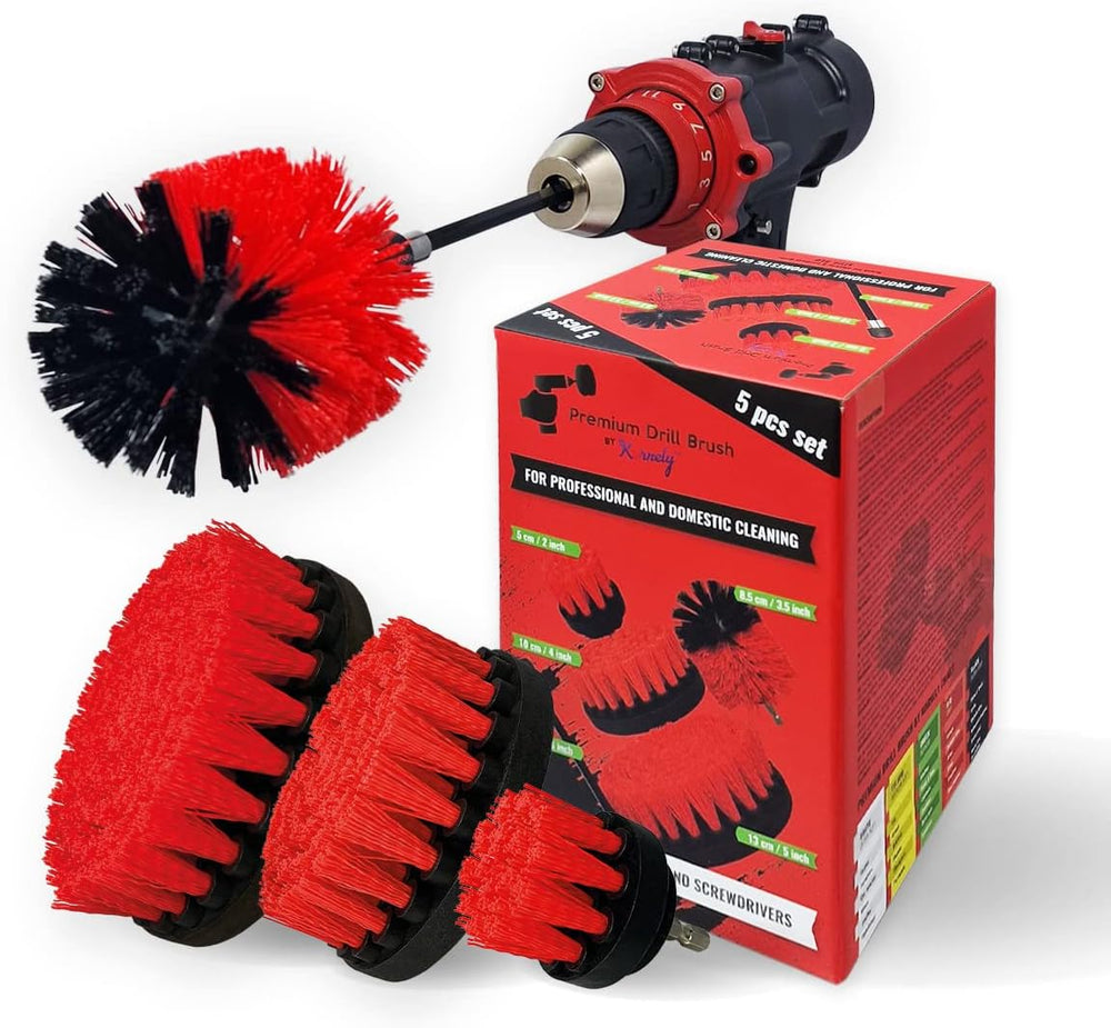 Kornely Premium Drill Brush Professional – Ultra-Stiff 5-Piece Kit (13/10 / 8.5/5 cm Brushes + 15 cm Extension) | Heavy-Duty Cleaning Brush for Concrete, Masonry, Grills, Wheels, Pool and Rust