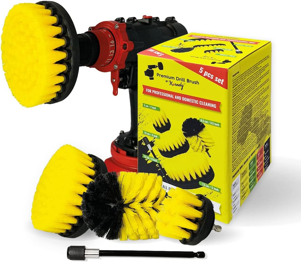 Kornely Premium Drill Brush Professional – Medium-Soft 5-Piece Kit (13/10 / 8.5/5 cm Brushes + 15 cm Extension) | Scratch-Free Cleaning Brush for Tile, Grout, Bath, Shower, Fibreglass, Ceramic