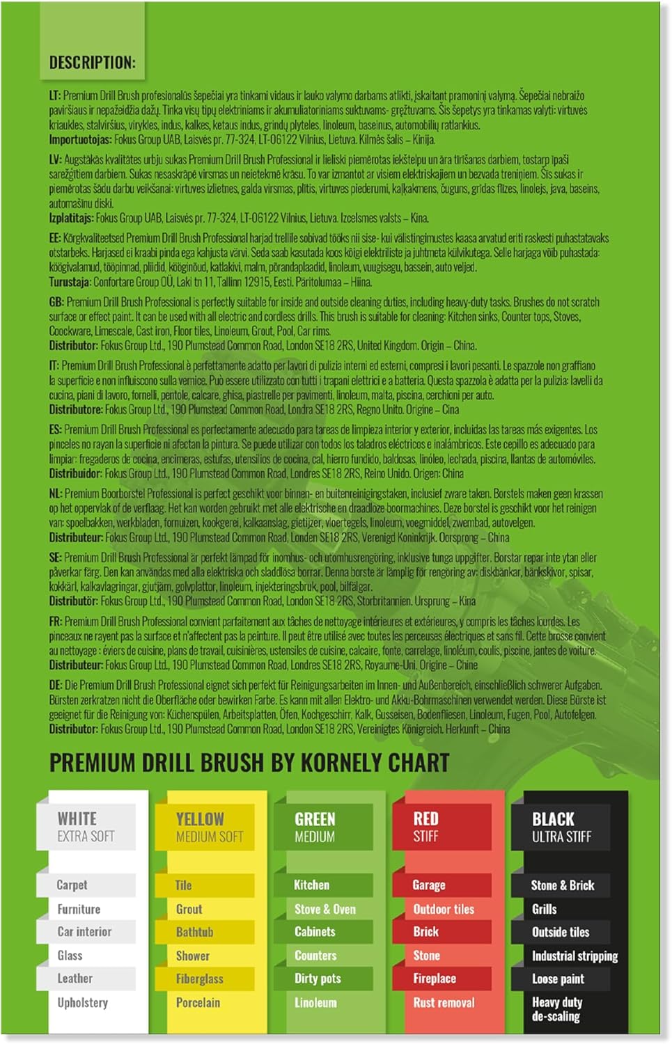 Kornely Premium Drill Brush Professional – Medium-Stiff 5-Piece Kit (13/10 / 8.5/5 cm Brushes + 15 cm Extension) | Scratch-Free Kitchen Cleaning Brush for Ovens, Hobs, Floor Tiles and Linoleum