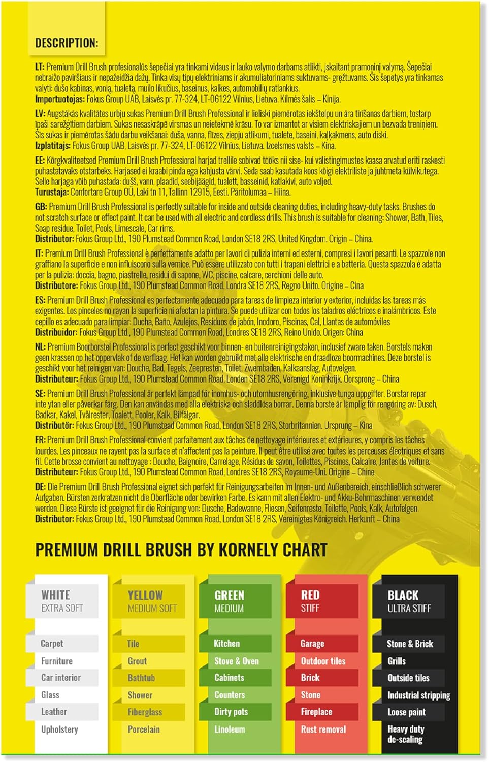 Kornely Premium Drill Brush Professional – Medium-Soft 5-Piece Kit (13/10 / 8.5/5 cm Brushes + 15 cm Extension) | Scratch-Free Cleaning Brush for Tile, Grout, Bath, Shower, Fibreglass, Ceramic