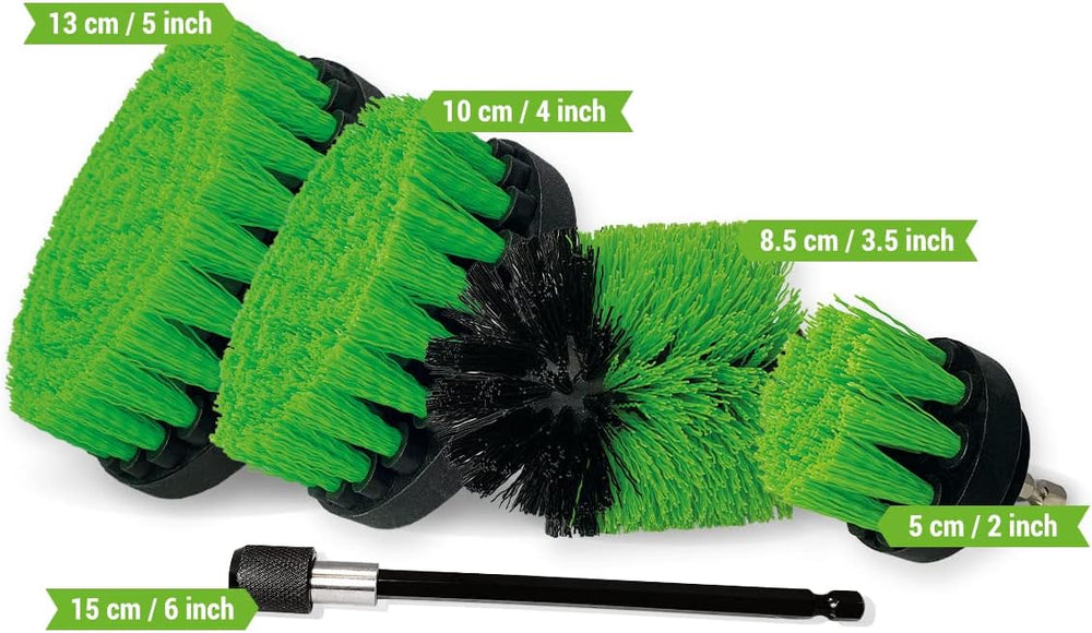 Kornely Premium Drill Brush Professional – Medium-Stiff 5-Piece Kit (13/10 / 8.5/5 cm Brushes + 15 cm Extension) | Scratch-Free Kitchen Cleaning Brush for Ovens, Hobs, Floor Tiles and Linoleum