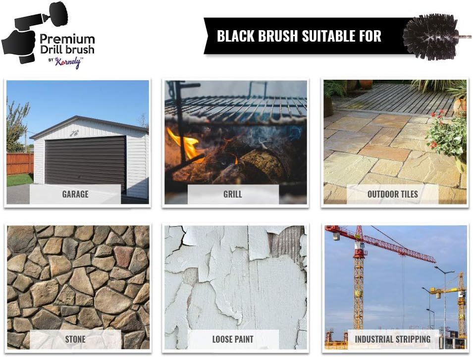 Kornely Premium Drill Brush Professional – Ultra-Stiff 8.5 cm Black | Scratch-Free Heavy-Duty Cleaning Brush for Concrete, Brick, Stone, Metal, Masonry, Garage, BBQ Grills, Rust and Construction Tools