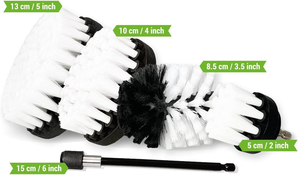 Kornely Premium Drill Brush Professional – Extra-Soft 5-Piece Set (13/10/ 8.5/ 5cm Brushes+ 15cm Extension) | Scratch-Free Cleaning Brush for Carpet, Upholstery, Leather, Glass and Interior Detail
