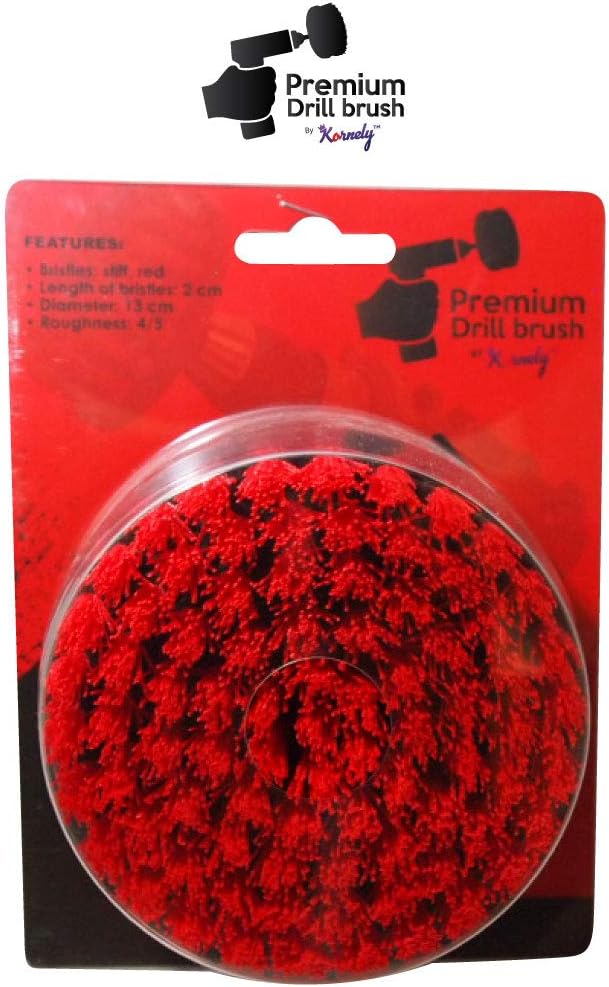 Kornely Premium Drill Brush Professional – Stiff 13 cm Red | Scratch-Free Outdoor Cleaning Brush for Patio Bricks, Decking, Garden Tools, Lawn Mowers, Bicycles, Car Wheels, Pool Tiles and Boat Hulls