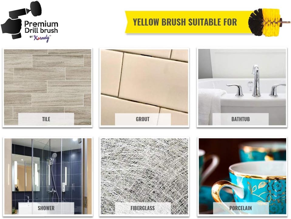 Kornely Premium Drill Brush Professional – Medium-Soft 8.5 cm Yellow | Scratch-Free Cleaning Brush for Tile, Grout, Bathtub, Shower, Fibreglass and Ceramic Surfaces