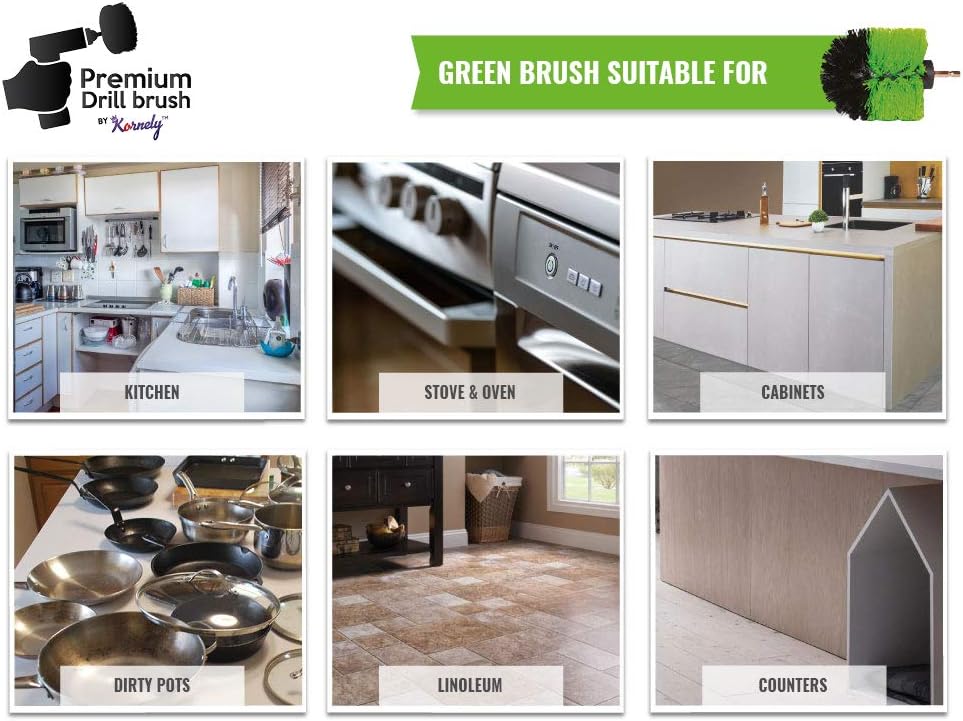 Kornely Premium Drill Brush Professional – Medium-Stiff 8.5 cm Green | Scratch-Free Kitchen Cleaning Brush for Ovens, Hobs, Worktops, Floor Tiles, Linoleum, Cupboard Doors and Greasy Cookware