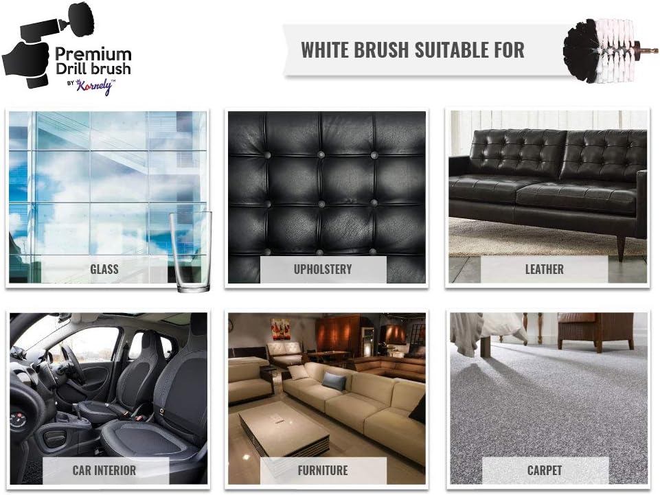 Kornely Premium Drill Brush Professional – Extra-Soft 8.5 cm White | Scratch-Free Cleaning Brush for Carpet, Upholstery, Leather Seats, Glass, Furniture and Car Interior