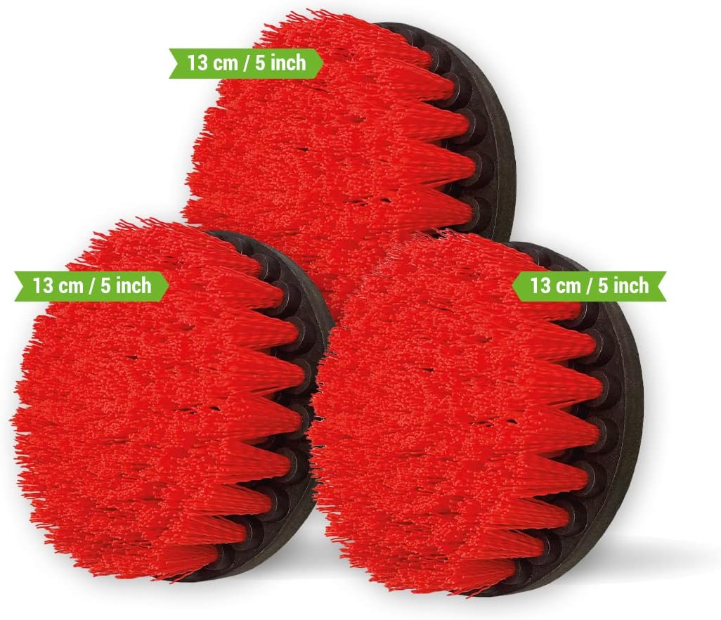 Kornely Premium Drill Brush Professional – Stiff 13 cm Red 3-Piece Set | Scratch-Free Cleaning Brush for Brick, Patio Stone, Decking, Garden Tools, Car Wheels, Pool and Boat Hulls