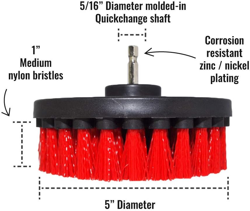 Kornely Premium Drill Brush Professional – Ultra-Stiff 5-Piece Kit (13/10 / 8.5/5 cm Brushes + 15 cm Extension) | Heavy-Duty Cleaning Brush for Concrete, Masonry, Grills, Wheels, Pool and Rust