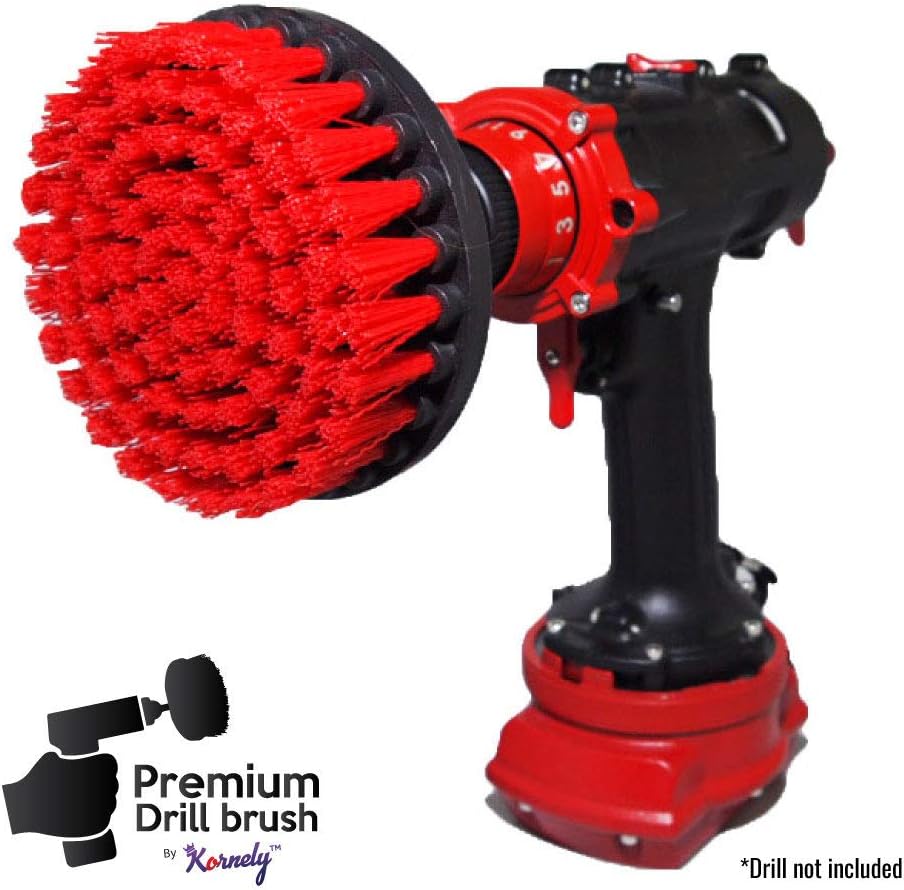 Kornely Premium Drill Brush Professional – Stiff 13 cm Red 3-Piece Set | Scratch-Free Cleaning Brush for Brick, Patio Stone, Decking, Garden Tools, Car Wheels, Pool and Boat Hulls