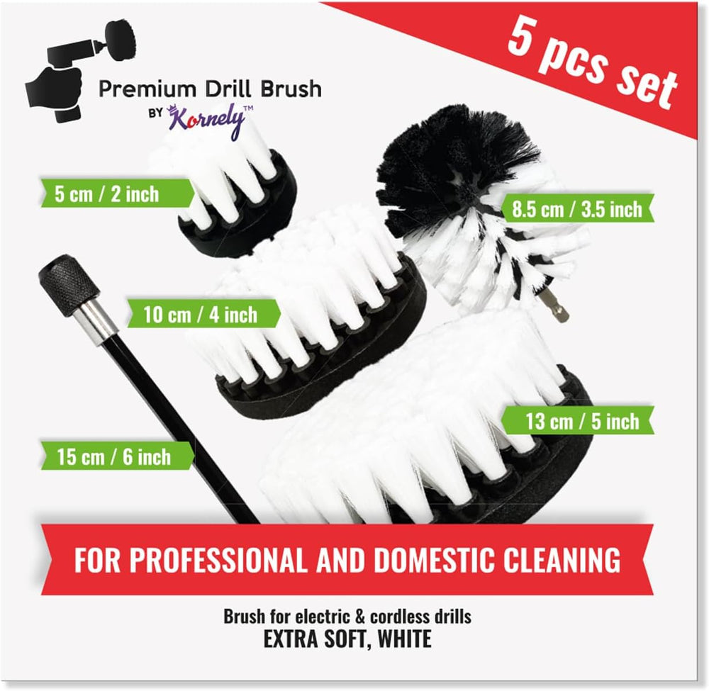 Kornely Premium Drill Brush Professional – Extra-Soft 5-Piece Set (13/10/ 8.5/ 5cm Brushes+ 15cm Extension) | Scratch-Free Cleaning Brush for Carpet, Upholstery, Leather, Glass and Interior Detail