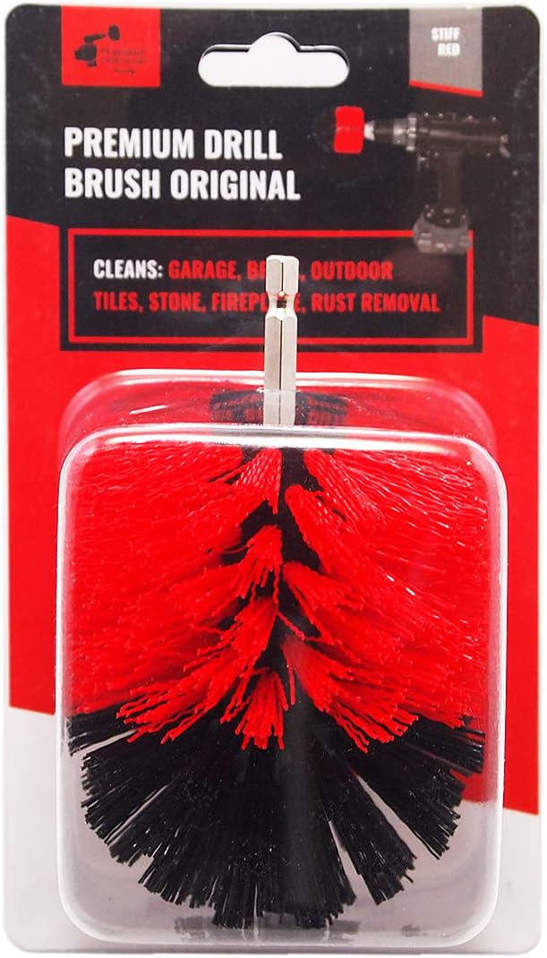 Kornely Premium Drill Brush Professional – Stiff 8.5 cm Red | Scratch-Free Outdoor Cleaning Brush for Patio Bricks, Decking, Garden Tools, Lawn Mowers, Bicycles, Car Wheels, Pool Tiles and Boat Hulls