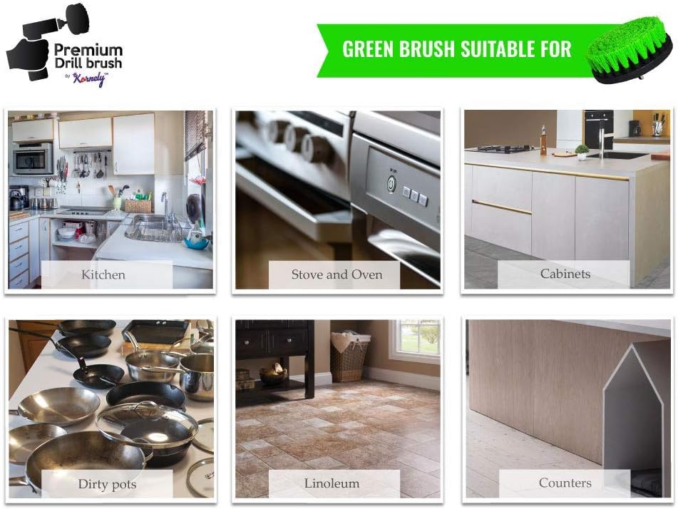 Kornely Premium Drill Brush Professional – Medium-Stiff 13 cm Green | Scratch-Free Kitchen Cleaning Brush for Ovens, Hobs, Worktops, Floor Tiles, Linoleum, Cupboard Doors and Greasy Cookware