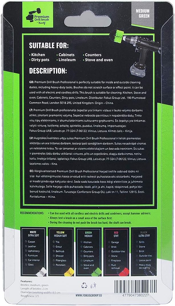 Kornely Premium Drill Brush Professional – Medium-Stiff 8.5 cm Green | Scratch-Free Kitchen Cleaning Brush for Ovens, Hobs, Worktops, Floor Tiles, Linoleum, Cupboard Doors and Greasy Cookware