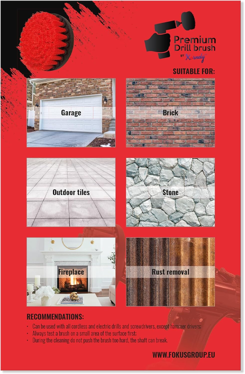 Kornely Premium Drill Brush Professional – Ultra-Stiff 5-Piece Kit (13/10 / 8.5/5 cm Brushes + 15 cm Extension) | Heavy-Duty Cleaning Brush for Concrete, Masonry, Grills, Wheels, Pool and Rust