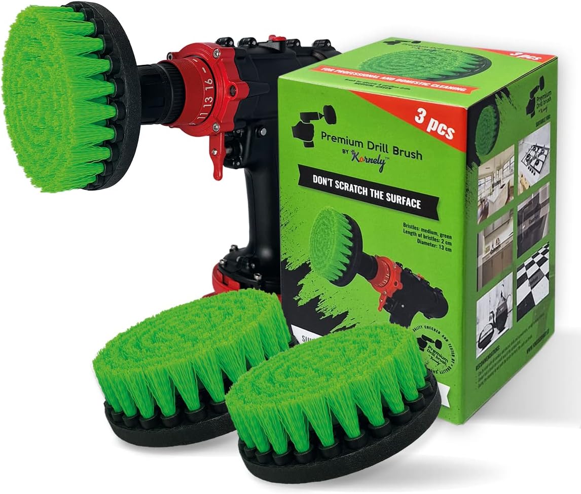 Kornely Premium Drill Brush Professional – Medium-Stiff 13 cm Green Set of 3 | Scratch-Free Kitchen Cleaning Brush for Ovens, Hobs, Worktops, Floor Tiles, Linoleum and Greasy Cookware