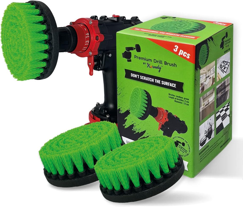 Kornely Premium Drill Brush Professional – Medium-Stiff 13 cm Green Set of 3 | Scratch-Free Kitchen Cleaning Brush for Ovens, Hobs, Worktops, Floor Tiles, Linoleum and Greasy Cookware