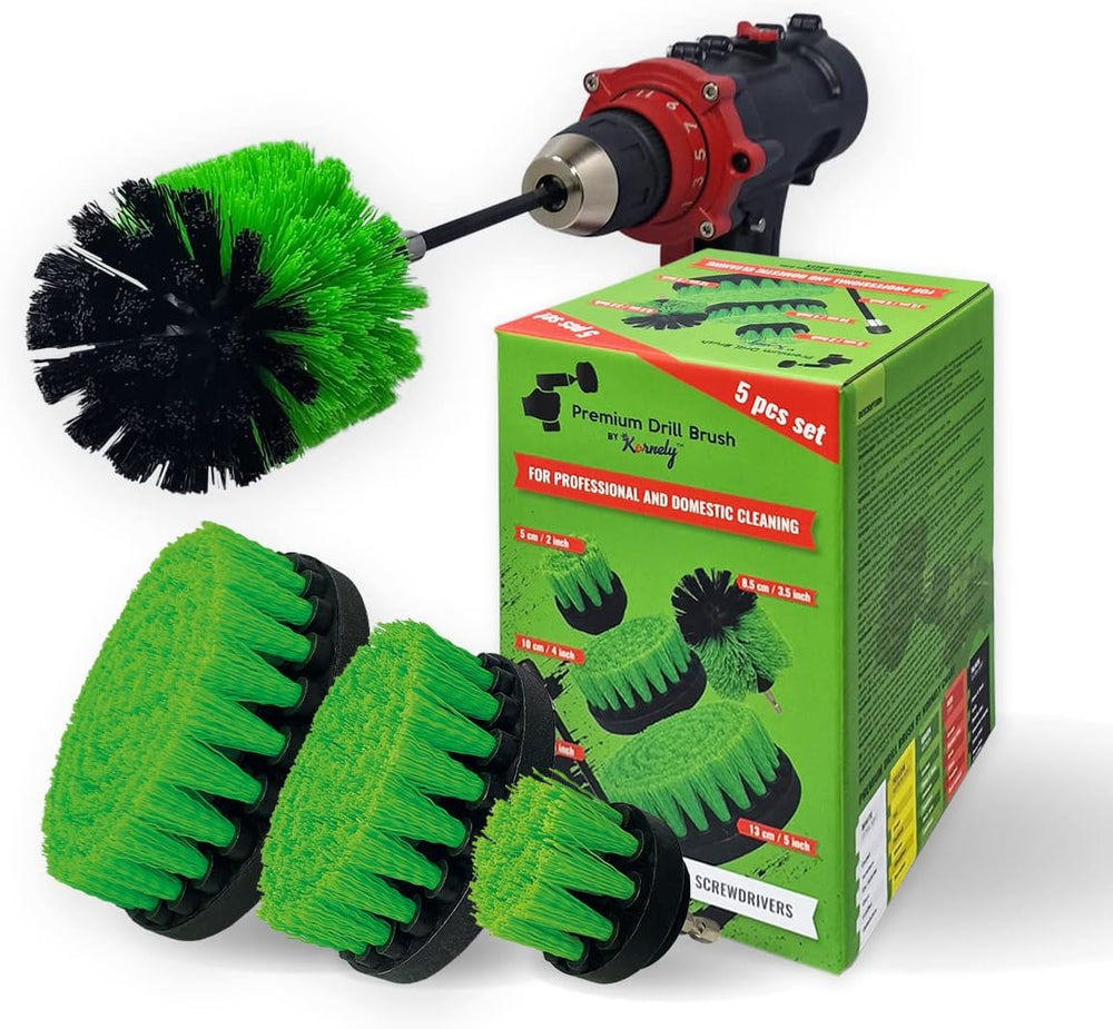 Kornely Premium Drill Brush Professional – Medium-Stiff 5-Piece Kit (13/10 / 8.5/5 cm Brushes + 15 cm Extension) | Scratch-Free Kitchen Cleaning Brush for Ovens, Hobs, Floor Tiles and Linoleum