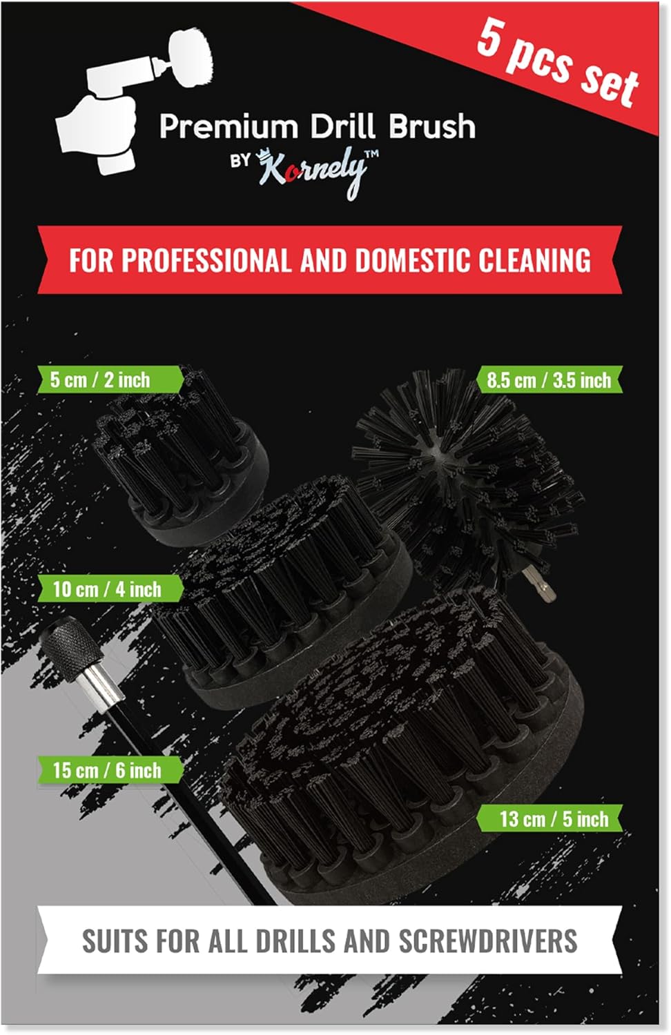 Kornely Premium Drill Brush Professional – Ultra-Stiff Black 5-Piece Set | Scratch-Free Heavy-Duty Cleaning Brushes for Concrete, Brick, Stone, Metal, Garage, BBQ Grills, Rust and Construction Tools