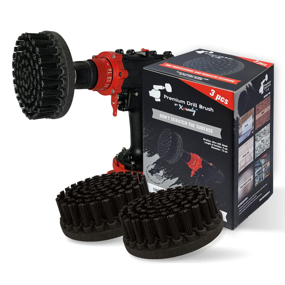 Kornely Premium Drill Brush Professional – Extra-Soft 13 cm White 3-Piece Set | Scratch-Free Cleaning Brush for Carpet, Upholstery, Leather Seats, Glass, Furniture and Car Interior