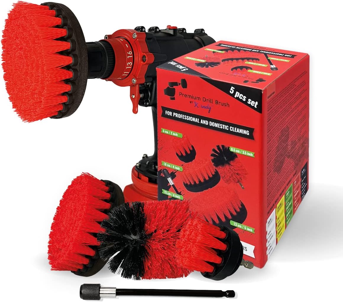 Kornely Premium Drill Brush Professional – Ultra-Stiff 5-Piece Kit (13/10 / 8.5/5 cm Brushes + 15 cm Extension) | Heavy-Duty Cleaning Brush for Concrete, Masonry, Grills, Wheels, Pool and Rust